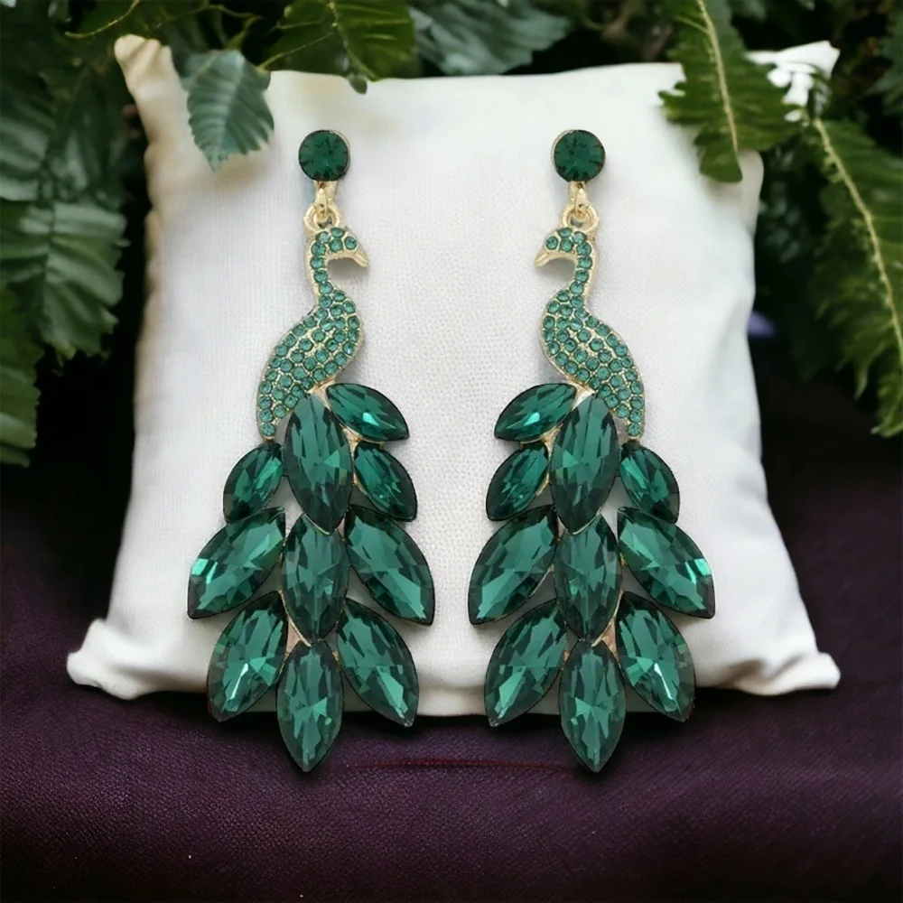 Peacock Statement Dangle Earrings Sparkly Rhinestone Glam I NWT
